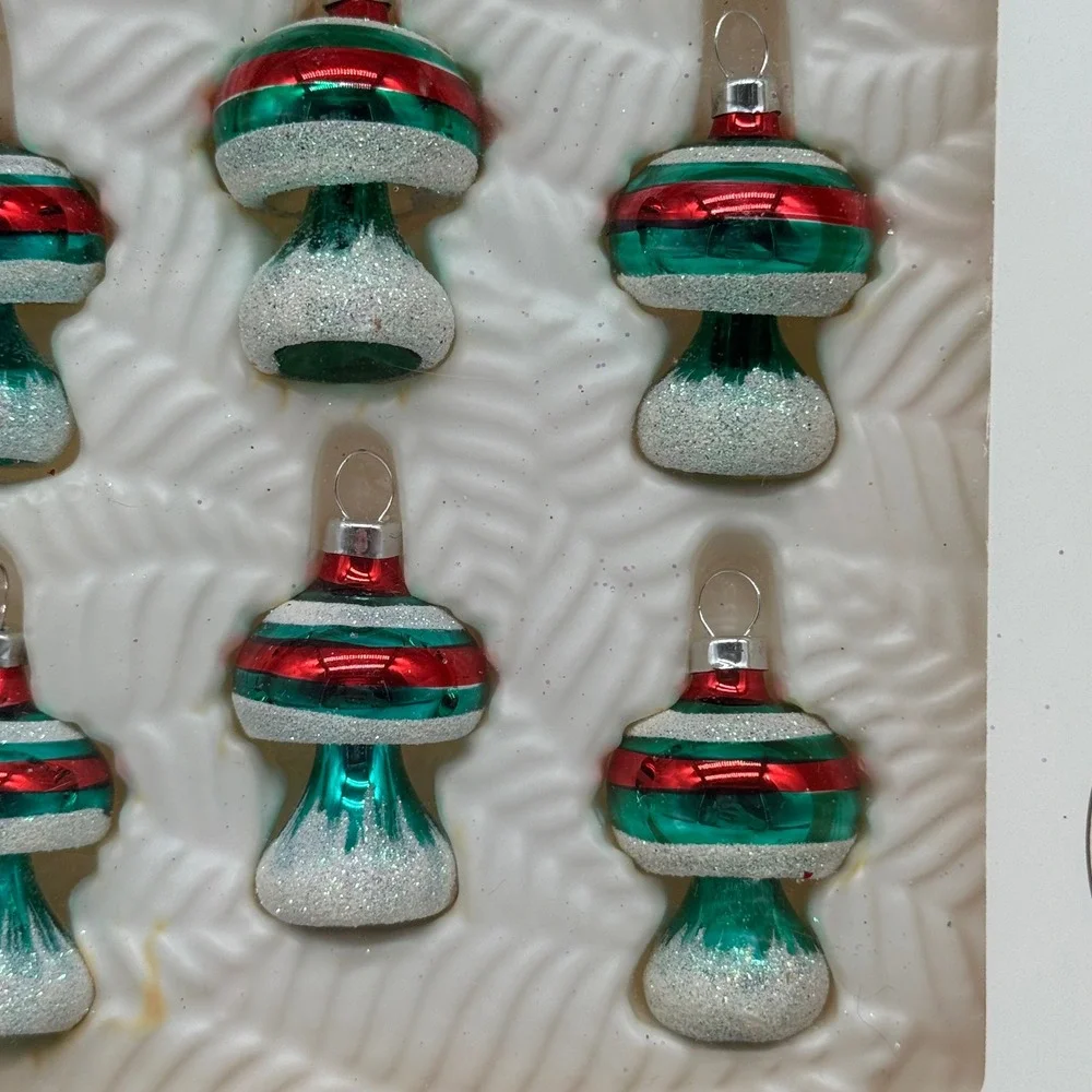 Vintage Bradford Dayton Hudson Glass Mushroom Ornaments Boxed Set 6 Kitsch